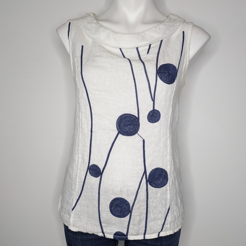 Sleeveless White Tank Top with Navy Embroidered Dots